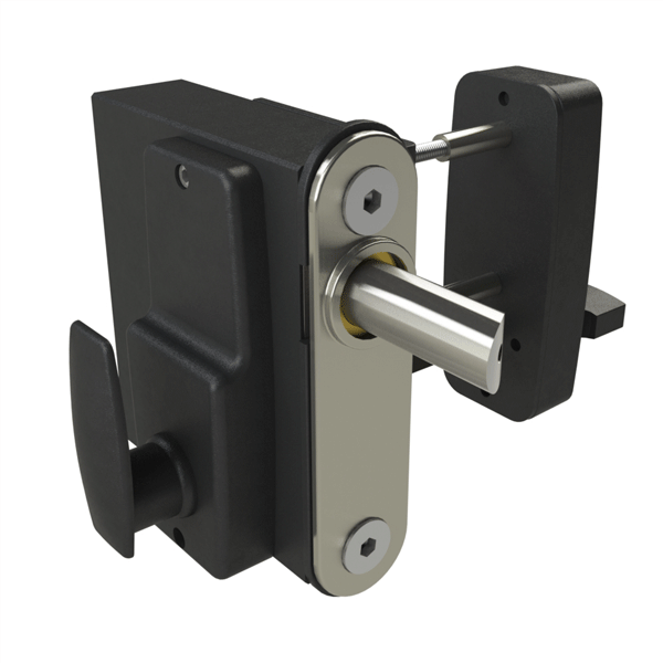 Digital keypad lock showing internal lever handle for wooden gates