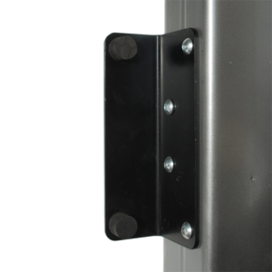 Angled metal bracket with two rubber balls on top and bottom. Gate silencing plate fixed to metal box section gate