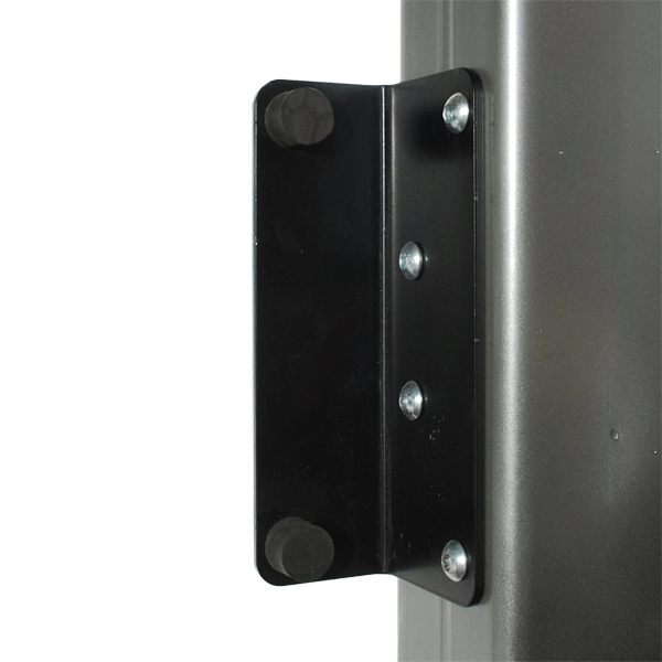 Angled metal bracket with two rubber balls on top and bottom. Gate silencing plate fixed to metal box section gate