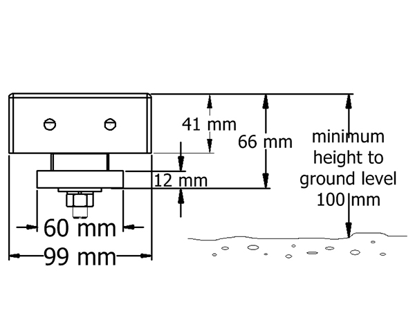 Drawing of measurements and distance from APS closing motor to ground. Minimum height to ground level 100 mm.