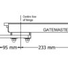 Instructional drawing of hydraulic gate closing motor. Stating 95mm from left side to centre line of hinge and 233mm from centre of hinge to right side
