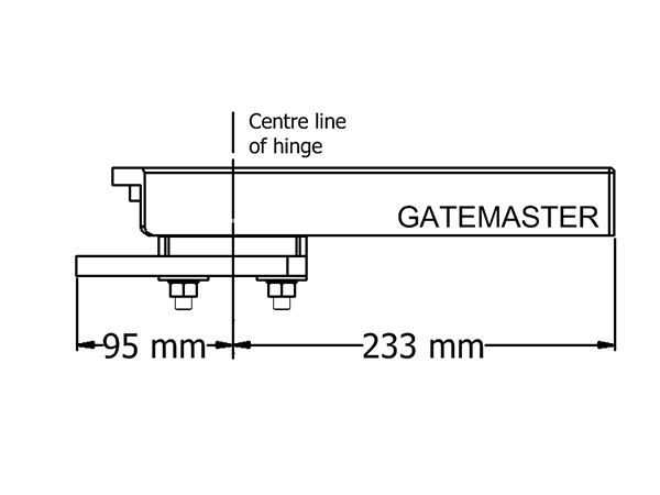 Instructional drawing of hydraulic gate closing motor. Stating 95mm from left side to centre line of hinge and 233mm from centre of hinge to right side