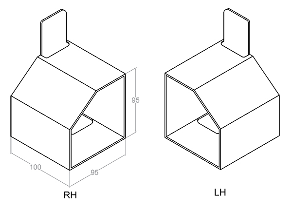 Drawing of rear handle shroud showing dimensions. On left: right handed shroud with "RH" below. On right: left handed shroud with "LH" below