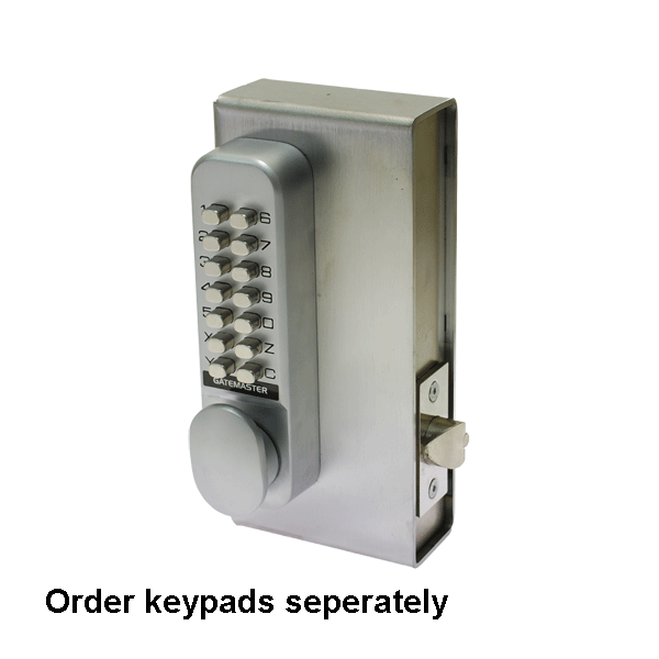 Silver metal digital keypad attached to rectangular weldable steel lock case for digital locks. Text below: "Order keypads separately"