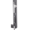 Lockable gate dropbolt in silver metal secured to metal gate