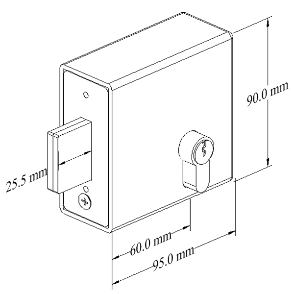 Technical drawing of weld in double-throw deadlock with key cylinder and square deadlock