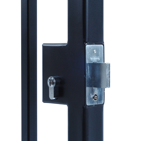 Square Select Pro double throw gate lock welded into gate frame with key cylinder on left side and deadbolt on right of gate frame