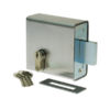 Weldable deadlock with euro cylinder and long throw. Set of keys and metal plate with slot lying in front of lock