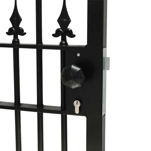 Close up of gate frame with decorative spears. Weld-in lock fitted to gate frame. Lock has octagonal/round knob handle and long throw deadlocking bolt