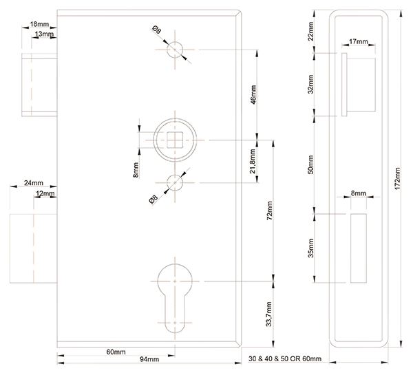Technical drawings of double throw latch and deadlock for outside gates