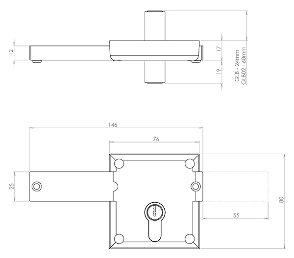 Technical drawing of gate locking bolt lock for surface fixing