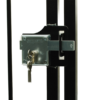 Locking bolt lock installed in metal gate. Lock is fixed with four screws in each corner. A set of three keys is hanging in key cylinder. Locking bolt is locked