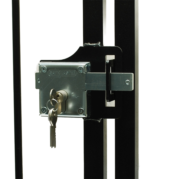 Locking bolt lock installed in metal gate. Lock is fixed with four screws in each corner. A set of three keys is hanging in key cylinder. Locking bolt is locked