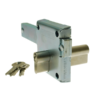 Back view of the Gatemaster locking bolt. View of back of lock case with euro cylinder sticking out on either side. On left is set of three keys.