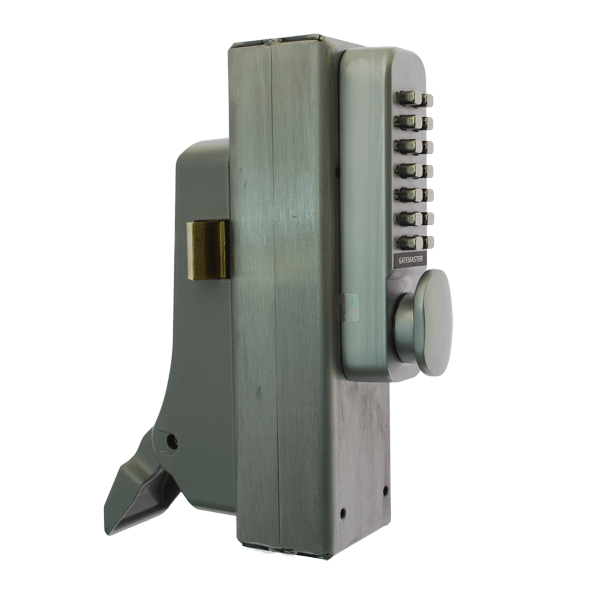 Silver metal keypad panic lock with keypad on outside and panic push pad on inside. Lock seen from side