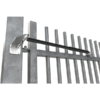 Long black tubular gate closing gas strut installed on metal gate with bolted on brackets at either end