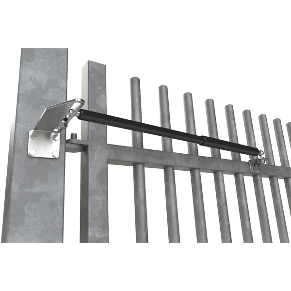Long black tubular gate closing gas strut installed on metal gate with bolted on brackets at either end