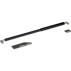 Black metal tube gas closing mechanism. In front on the left is weldable bracket with two slots. In front on the right is small bracket with one slot