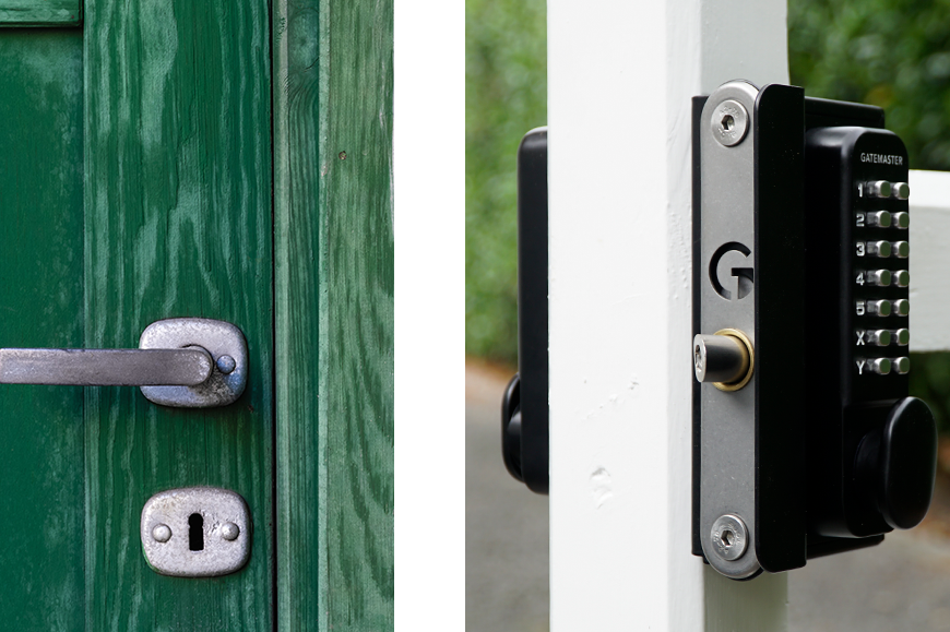 Close-up picture of a door lock on a green wooden door on the left. On the right a wooden gate lock on a white wooden gate with digital keypad