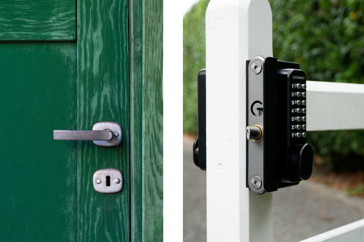 Close-up picture of a door lock on a green wooden door on the left. On the right a wooden gate lock on a white wooden gate with digital keypad