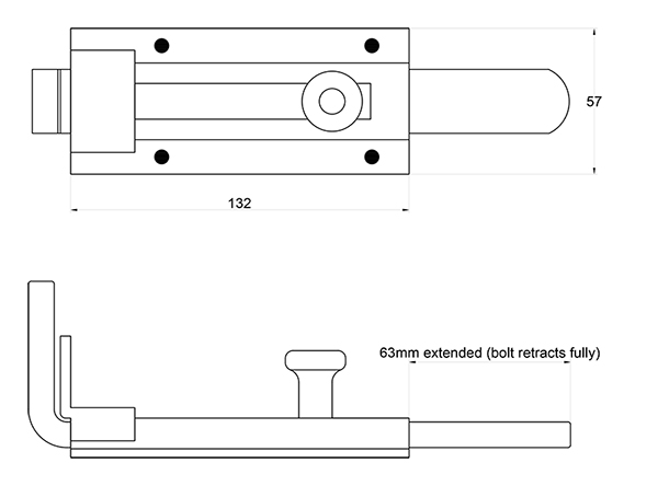 Technical drawing of sliding padbolt seen from above (on top) and from side (on bottom).