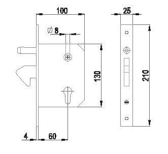Technical drawing of sliding gate hook lock with hooked latch and cylinder for deadlocking