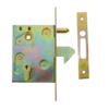 Mortice lock for sliding gates with lock mechanism on left side and showing front of keep plate