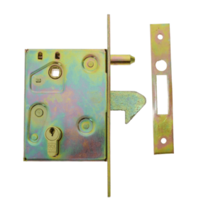 Mortice lock for sliding gates with lock mechanism on left side and showing front of keep plate
