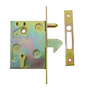 Mortice lock for sliding gates with lock mechanism on left side and showing front of keep plate 