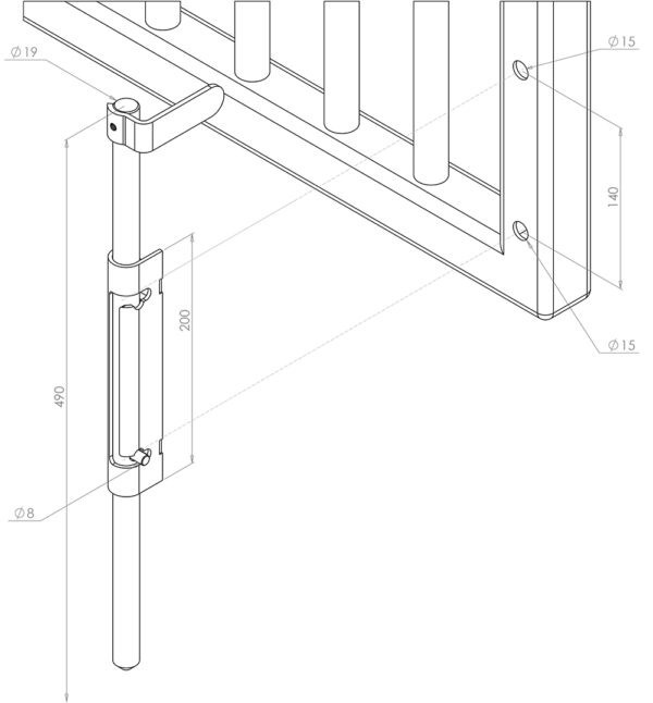 Assembly instructions for lockable dropbolt showing its placement on the gate and diameter of drilled holes necessary