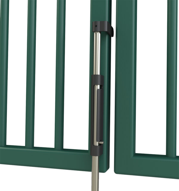 Green metal double leaf gate with auto-locking dropbolt installed on left leaf