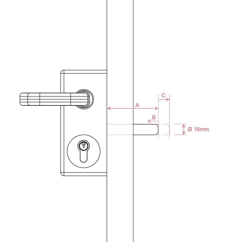 dimensional drawing of latch length and measure throw on bolt on deadlock