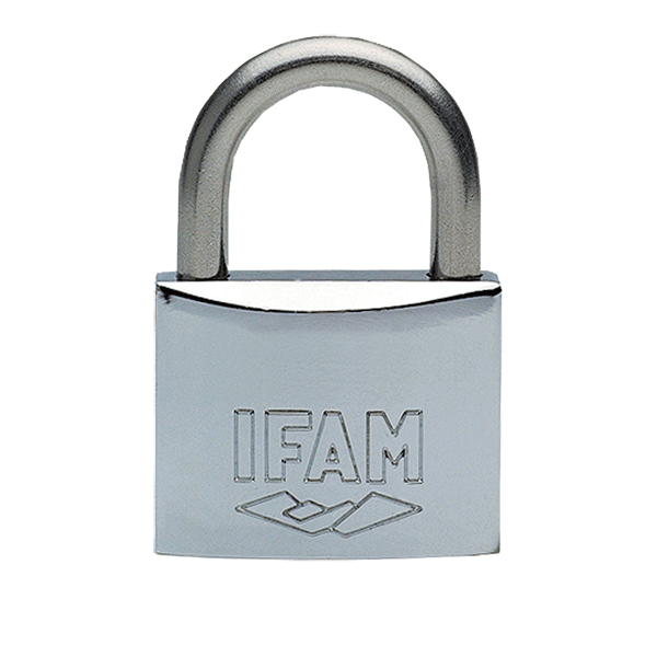 Locked silver metal pad lock with IFAM engraved in front