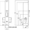 Technical drawing of narrow auto locking deadlock. On left: front view of lock. On right: side view of the lock