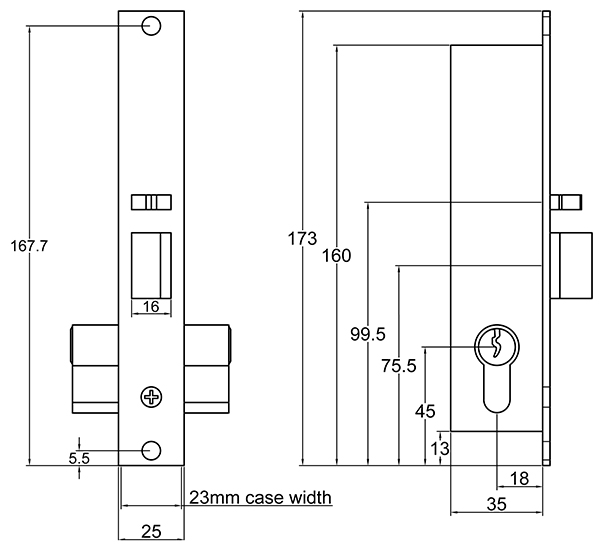 Technical drawing of narrow auto locking deadlock. On left: front view of lock. On right: side view of the lock