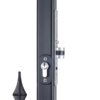 Close up of latch and key cylinder of the narrow auto deadlocking latch mortice lock