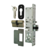 Disassembled narrow autolocking deadlock and latch lock showing lock mechanism, escutcheon, euro-cylinder, strike plate and keys