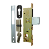 Mortice narrow deadlock kit showing (from the right to left) the lock mechanism, escutcheon, euro cylinder, set of three keys and keep plate