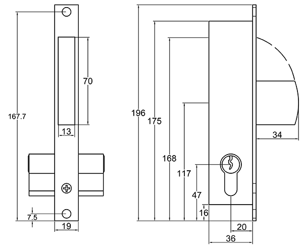 Technical drawing of narrow deadlock seen from front and from side