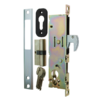 Narrow mortice hook lock for sliding gate. Showing lock mechanism, escutcheon, euro cylinder, keys and keep plate