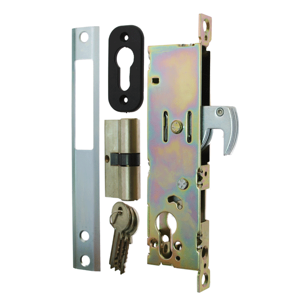 Narrow mortice hook lock for sliding gate. Showing lock mechanism, escutcheon, euro cylinder, keys and keep plate