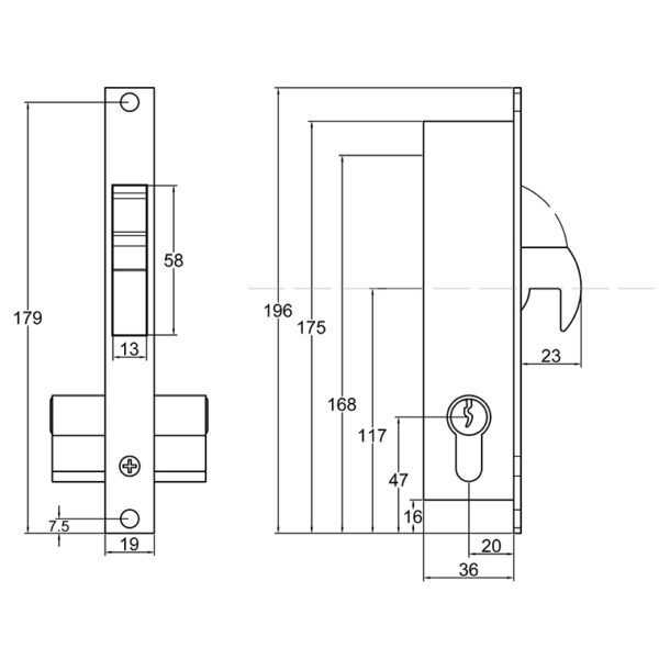 Technical drawing of narrow hook lock. Lock seen from both front and from side