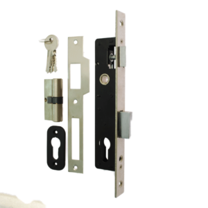 Disassembled mortice narrow hook lock. From right side to left: lock mechanism, lock keep plate, keys, cylinder and escutcheon cover