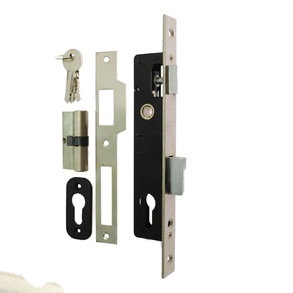 Disassembled mortice narrow hook lock. From right side to left: lock mechanism, lock keep plate, keys, cylinder and escutcheon cover