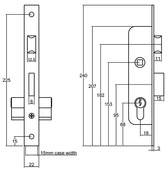 Technical drawing of narrow latch deadlock with measurements