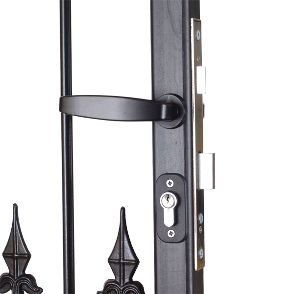 Mortice lock in black gate. Handle sitting above visible key cylinder and escutcheon. On right, deadbolt and latch going through gate frame.
