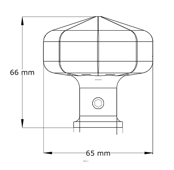 Technical drawing of octagonal handle for outdoor gates showing height (66 mm) and width (65mm)