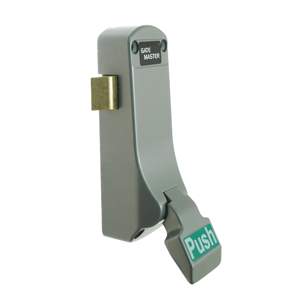 Panic gate exit with push pad for easy exit. Green sign on bottom of push pad with white text "Push".