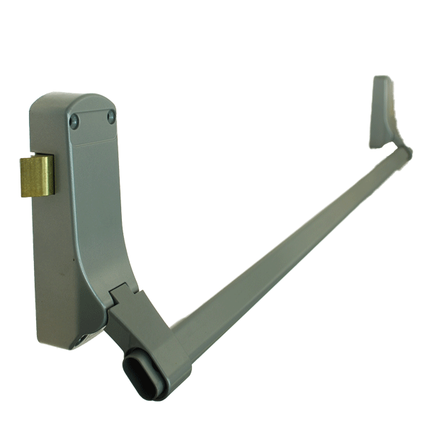 Panic exit push bar with two fixing cases on either side of a long metal bar
