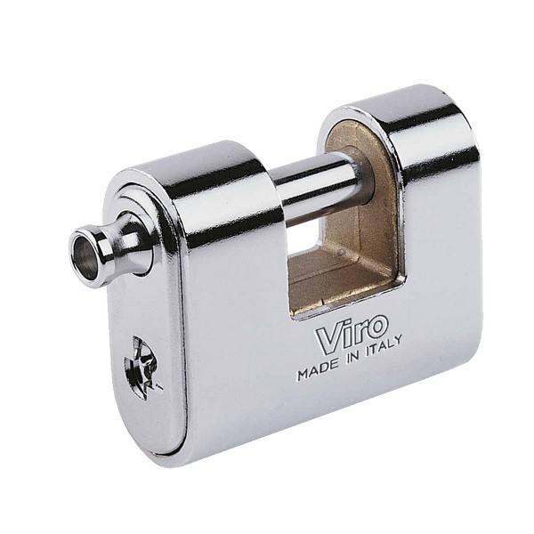 Rectangular steel armoured padlock with brass body and hardened steel casing